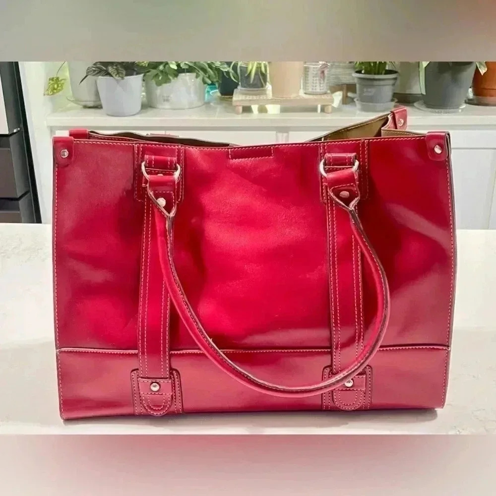 Emilie M. Vintage Red Vegan Leather Tote w/Strap Detail Med SZ